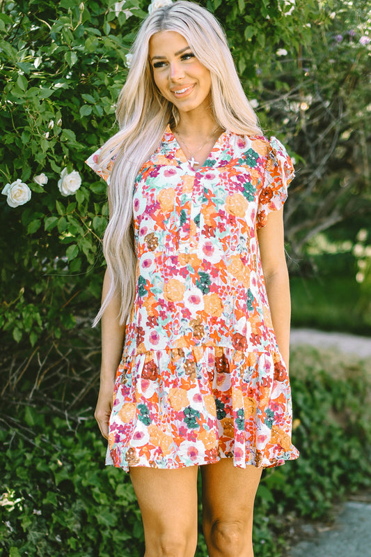 August Floral Print Split Neck Flutter Sleeve Dress-0