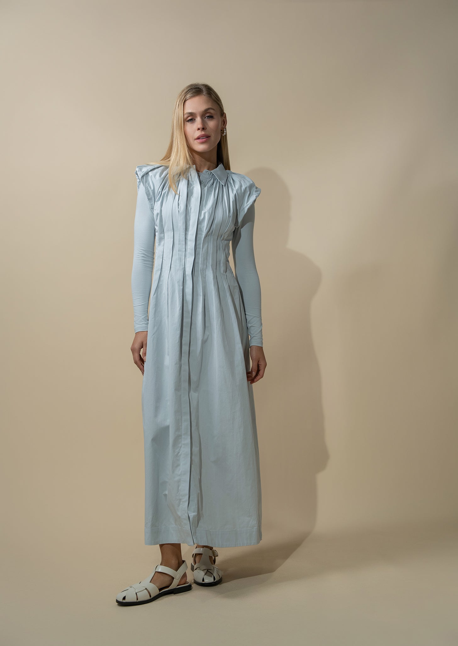 Pleat Front Button Down Dress-Light Blue-0