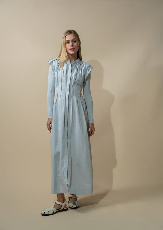Pleat Front Button Down Dress-Light Blue-0