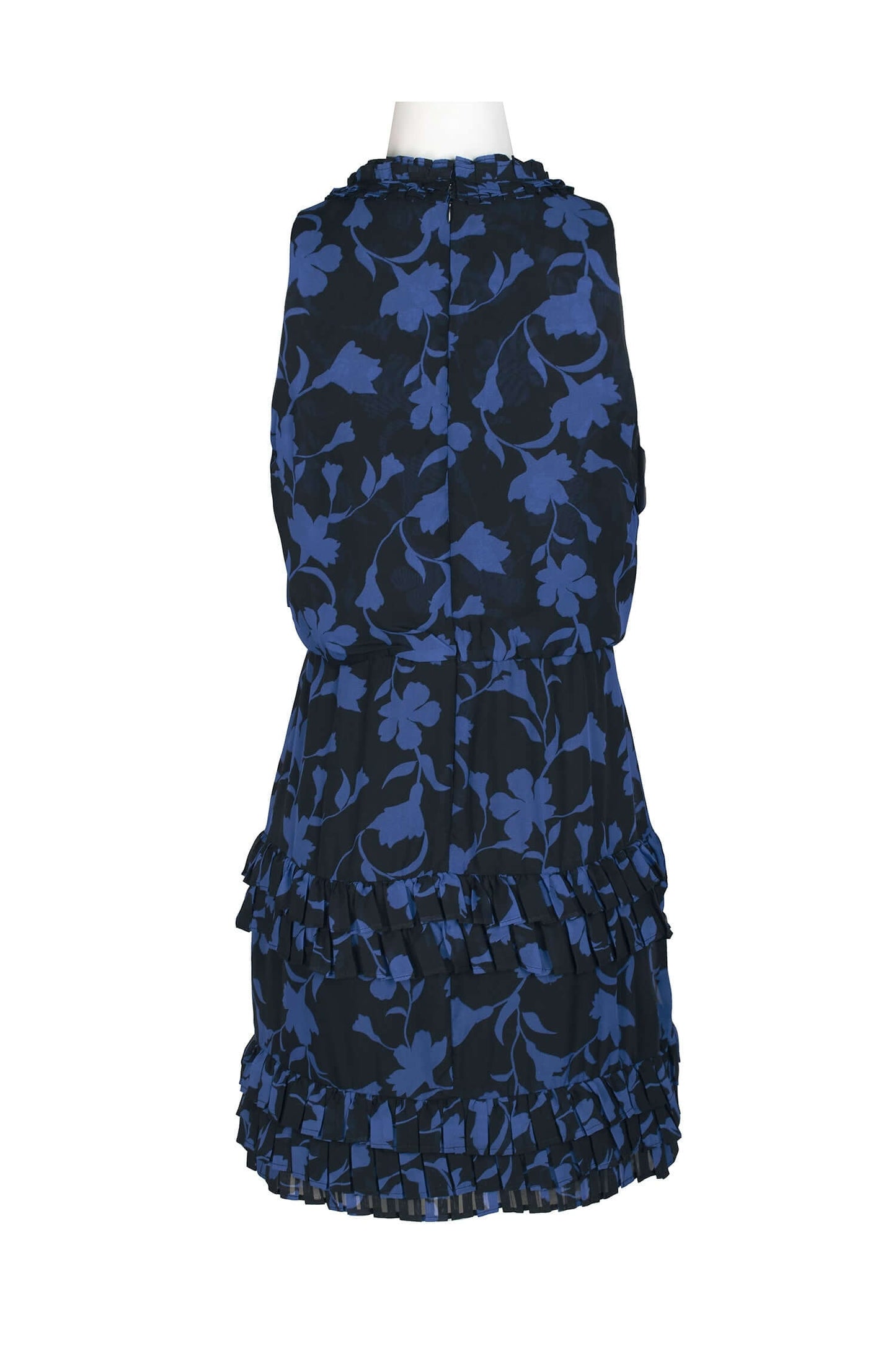 Laundry Tie Pleated Mock Neck Blouson Tiered Hem Zipper Back Floral Print Chiffon Dress